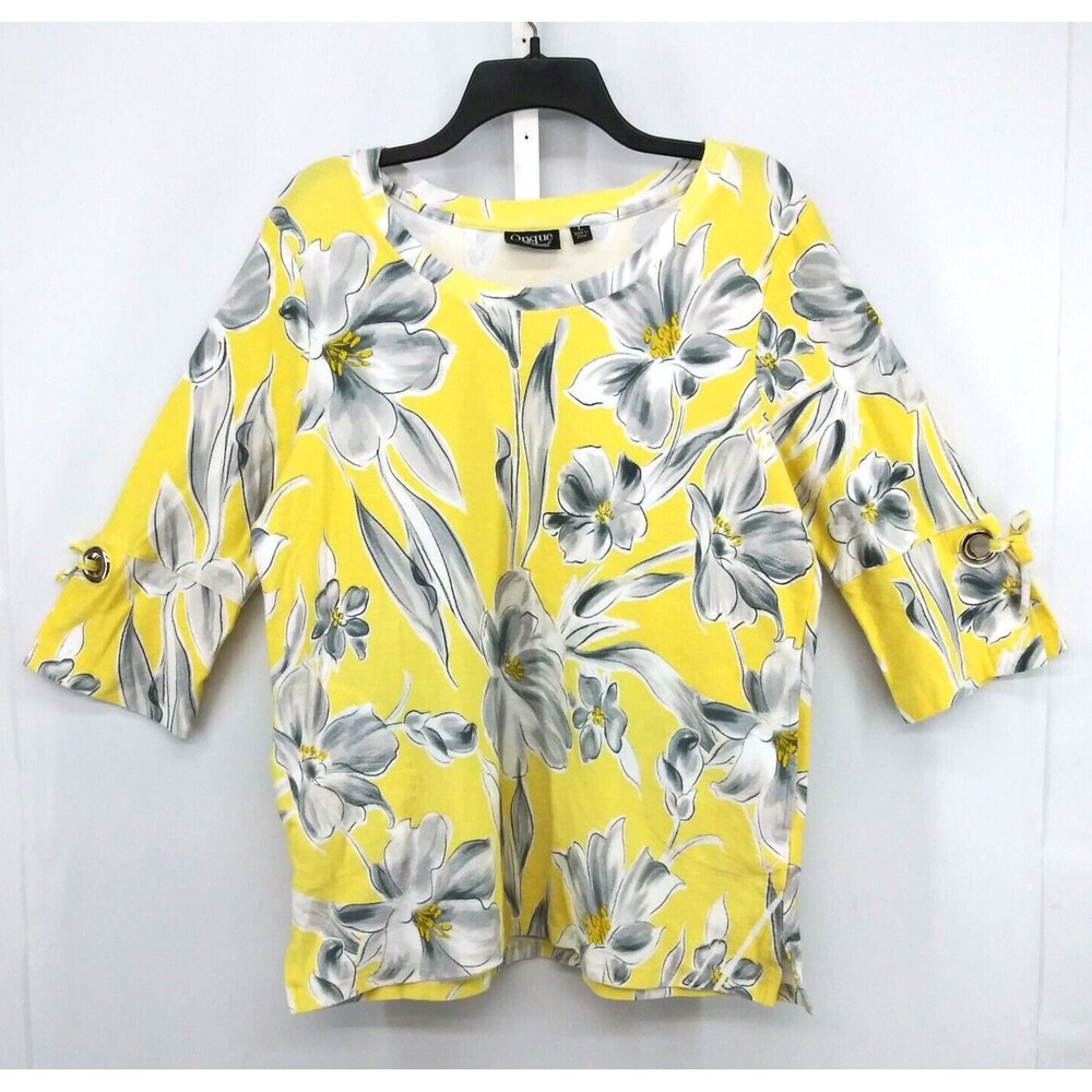 Onque Casual Blouse Womens Size L Yellow Big Floral 3/4 Sleeve Side Pockets Top
